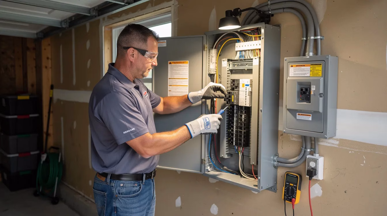 A licensed electrician is installing an automatic transfer switch (ATS) next to a residential electrical panel inside a garage, ensuring that the home can seamlessly switch to a standby generator during a power outage. This installation is part of a worry-free energy solution that provides reliable electricity access, especially during severe weather events.